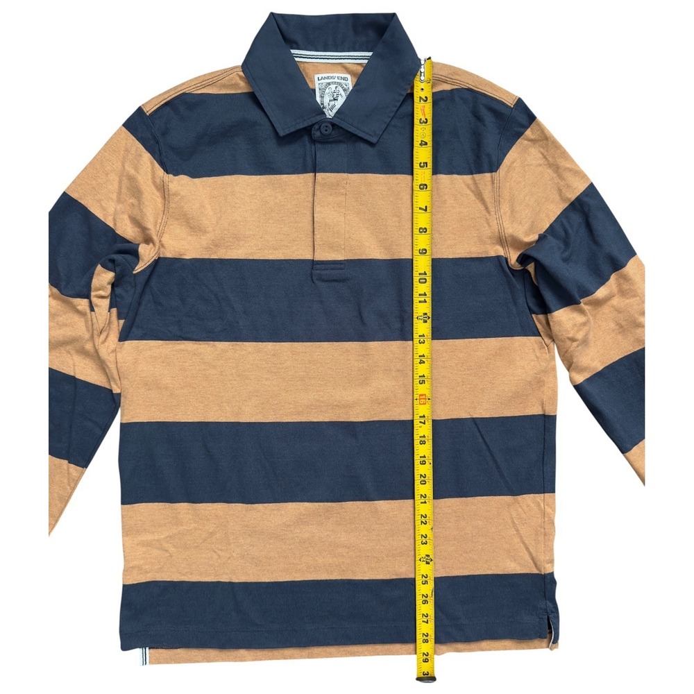 Lands' End Men's Long Sleeve Stripe Rugby Shirt French Navy Dijon Gold Size M - Picture 3 of 9